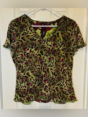 Olive Green Animal Print V-Neck Womens Top